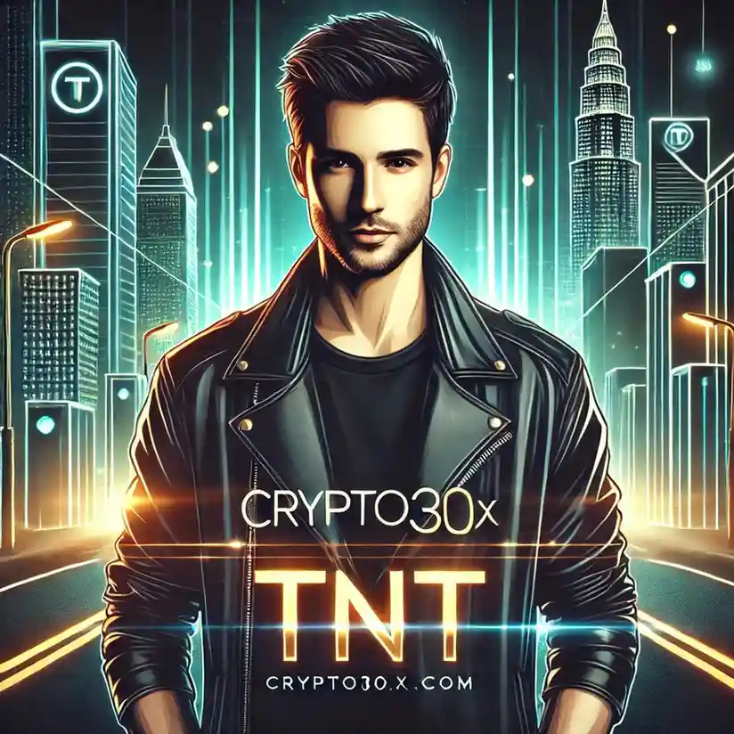 A stylish man in a black leather jacket with city buildings and neon lights in the background. 