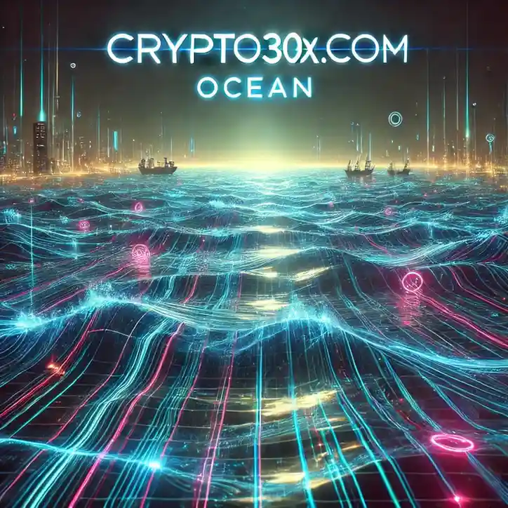 Digital ocean with glowing blue and pink waves, boats in the distance, skyline in the background. 